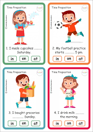 Love this free printable prepositions sheet for kids in 34d, 4th, 5th, and 6th grade; Free Time Preposition Task Cards English Activities For Kids English Lessons For Kids Learning English For Kids