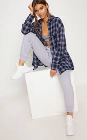 Blue Check Oversized Shirt Tops Prettylittlething Ie