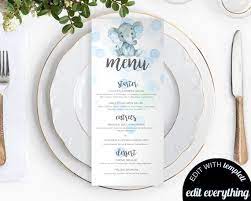 Blue Elephant Baby Shower Menu Template Elephant Menu Cards Elephant Birthday Menu Card Baby Shower Baby Shower Menu Birthday Menu Menu Cards