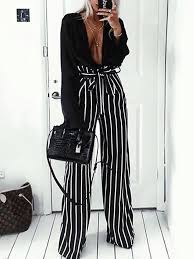 Black And White Striped Pants Outfit Frauenkleidung Ruschen Gestreifte Gurtel Mit Weitem Bein Und Hoher Taille Winterfashion2018 Womenclothing Women Clothes Summer Fashion Outfits Fashion