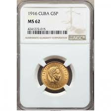 Vintage Cuban Coins > 1916 5 Pesos Cuba Gold Coin MS62 NGC, KM 19  collectible for Sale