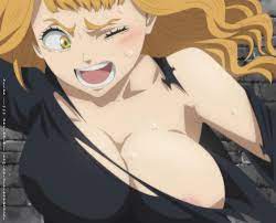 narutorenegado01, mimosa vermillion, black clover, colorized, highres,  1girl, areola slip, black dress, blush, breasts, cleavage, collarbone,  dress, green eyes, large breasts, long hair, one eye closed, open mouth,  orange hair, solo, torn