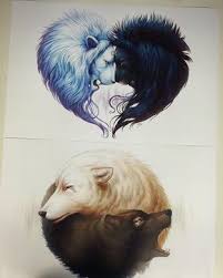 Black And White Wolf Tattoo With Blue Eyes Similar To What I Already Have With My Black Wolf Yellow Eyes And Light Grey Wolf Blue Eyes But Like This As Well Wolf With Blue Eyes Two Wolves Tattoo Art