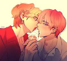 2boys asian asian male blonde hair bts gay gay sex human ice  cream kim seok jin kim tae hyung kiss on neck korean kpop male male only  open eyes
