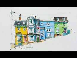 Line And Wash Watercolor Tutorial Of Colorful Row Houses In St John S With Images Watercolour Tutorials Pen And Watercolor Watercolor And Ink