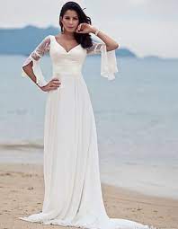 3 4 Sleeve Lace V Neck A Line Long Chiffon Casual Beach Wedding Dress Chiffon Wedding Dress Beach Online Wedding Dress Wedding Dresses
