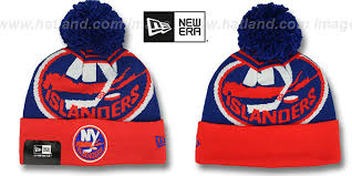 The nhl ny islanders regular font is used for jersey lettering, player names, numbers, team logo, branding, and merchandise. New York Islanders Logo Whiz Royal Orange Knit Beanie Hat