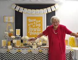 Before we start to break our heads to know which elements or which decoration is the most appropriate for a birthday. Yellow And Grey Theme For A 98th Birthday Party 80th Birthday Party Grandmas Birthday Party 98th Birthday