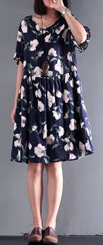 2017 Blue Print Summer Dresses Flatering Cotton Dress Short Sleeve Sundress Cotton Short Dresses Womens Linen Clothing Printed Summer Dresses