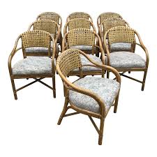 1970s Vintage Mcguire Rattan And Leather Dining Chairs Set Of 10 Chairish Leather Dining Chairs Chair Outdoor Furniture Chairs