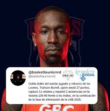 Doble-doble del estelar jugador y refuerzo de los @leonesbbclub , Trahson  Burrell, quien anotó 27 puntos, capturó 11 rebotes y repartió 2 asistencias  en la victoria 105-93 frente a los @indiossfm ,