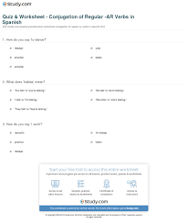 Quiz Worksheet Conjugation Of Regular Ar Verbs In