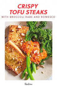 Crispy Tofu Steaks With Broccoli Rabe And Romesco Recipe In 2021 Crispy Tofu Tofu Steak Broccoli Rabe