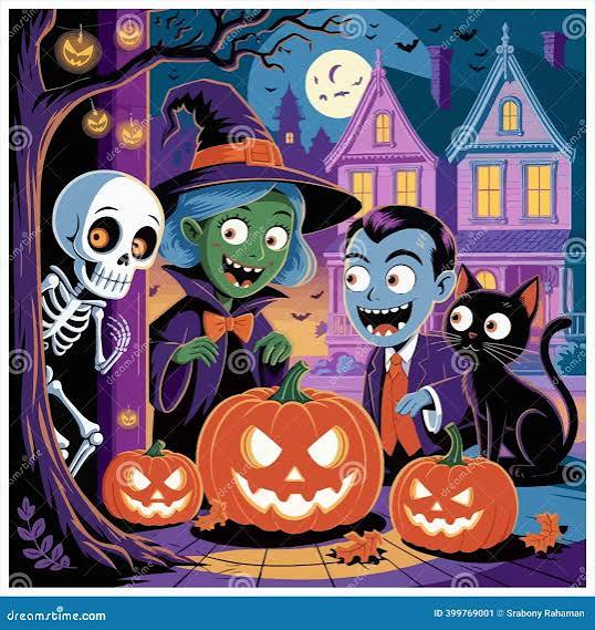Spooky Halloween Scene with Classic Monsters and Jack-o'-lanterns  Illustration Stock Vector - Illustration of creepy, skeleton: 399769001