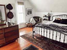 Black And White Mid Century Modern Rug Funky Victorian Home Tour White Bedroom With Black Metal Bed Frame Vintage Rug Floating Shelf Nightstands And A Black Bed Frame Black Metal Bed Frame Home