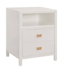 This outstanding table features a metal framework and a clear glass top with a mirror shelf down below. Peggy End Table Nightstand White Brass Pulls Two Drawers Open Shelf Katie Considers