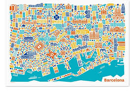 Das schöne barcelona ist wegen seiner zahlreichen highlights und der herrlichen lage direkt am mittelmeer ein. Barcelona Poster Stadtplan Plakat Kunstdruck Bunt Querformat Mit Sehenswurdigkeiten Sagrada Familia L Aquarium De Barcelona Las