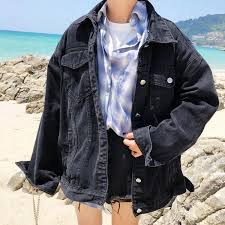 Spring Fall Korean Casual Black Denim Jacket Oversized Women Loose Coat Button Pocket Long Long Denim Jacket Black Denim Jacket Outfit Oversized Jacket Outfit Collection of oversized denim jackets. black denim jacket outfit
