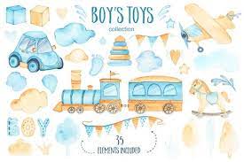 Baby Boy Toys Watercolor Clipart It S A Boy Clip Art Decor With Train Car Plane Digital Wall Art Nursery Print Boys Room Decor In 2021 Baby Boy Toys Toys For Boys