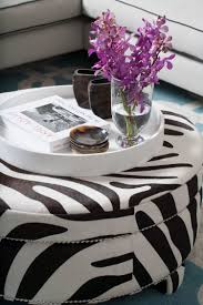 Chocolate White Zebra Round Ottoman White Lacquer Round Tray Nickel Studs Diane Bergeron Jpg Decorating Coffee Tables Coffee Table Decor Tray Round Tray Decor