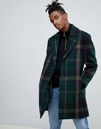 Asos design man wool mix overcoat in port uk m. Asos Design Wool Mix Overcoat With Peak Lapel In Green Check