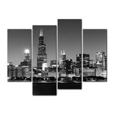 Black And White Skyline Canvas 4 Pieces Modern Canvas Painting Wall Art Of Chicago Skyline At Night 51 80 Chicago Skyline Wall Art Modern Canvas Painting Wall Art Canvas Painting