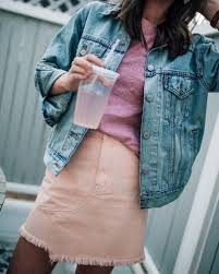 Peach Denim Dyed Skirt Best Denim Jacket Light Wash Spring Outfit Idea Fashion Fashion Blog Summer Season Outfit