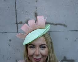 Large Mint Green Peach Blush Pink Fascinator Disc Hat Hatinator Races  Wedding Guest Headband Headpiece U10201