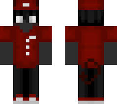 He has headphones and a hood wearing a red and black sweatshirt with a circle of pizza on his back. Pizza Delivery Minecraft Skins