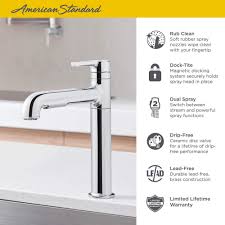 I like to remove the handle by loosening the setscrew that is accessed through a hole in the rear of the faucet. American Standard Studio S One Handle Pull Out Kitchen Faucet At Menards