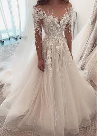 Lilybridalshop Alluring Tulle Jewel Neckline A Line Wedding Dresses With Lace Appliques Ball Gown Wedding Dress Wedding Dresses Romantic Wedding Dress Sleeves