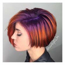 Rooted Purple Violet Into Metallic Copper Orange Color Melt Ombre Effect Shadow Root Vivid Colors Short Hair Styles Hair Styles Short Hair With Layers