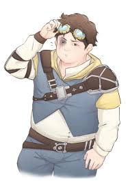 claggor (arcane), arcane: league of legends, league of legends, highres,  1boy, blue pants, blue shirt, brown hair, bruise, bruised eye, closed  mouth, debunona, fat, fat man, furrowed brow, goggles, goggles on head,