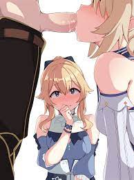 1boy 2girls aether (genshin impact) barbara (genshin impact)  barbara (summertime sparkle) (genshin impact) being watched big penis  blonde hair blue eyes blush breasts drool erection fellatio female genshin  impact