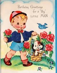 Children S Happy Birthday Wishes For Little Boy Birthday Card Little Boy Carrying Puppy In Basket Vintage Vintage Birthday Cards Happy Birthday Vintage Vintage Birthday