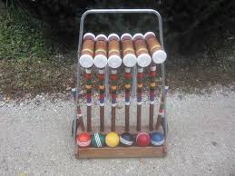 Vintage Forster Six Player Wood Croquet Set With Wood Wheeled Cart Garden Croquet Vintage Croque Croquet Wood Storage Box Wood Stake