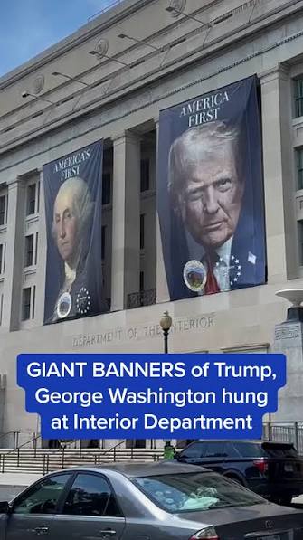 MS NOW’s @ariellehixson is on the scene where massive new banners of  President Trump and President George Washington have been hung side by side  at the Department of the Interior., #news #trump #dc