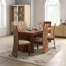 You'd barely get out the door with a table and four chairs for that price at other stores! Sheesham Wooden Dining Table 6 Seater Dining Table Set With 6 Chairs With Cream Cushion Home Dining Room Furniture Striped Pattern Natural Teak Finish Woodcraftcentre