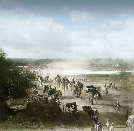 1885 British India. The Delhi Camp of Exercise. Photograph showing the vast Indian Army on the move along the Grand Trunk Road. Lala Deen Dayal and Sons. Restored Image.