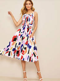 Plenty of lange robe to choose from. Robe Trapeze Sans Manches A Imprime Geometrique Et Robe Longue Avec Poches Milanoo Com