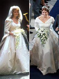 No Puffy Sleeves Here Comparing Princess Eugenie S Wedding Dress To Her Mom Fergie S Totally 80s Gown Eugenie Wedding Royal Brides Royal Wedding Gowns