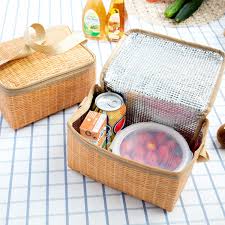 Portable Insulated Thermal Lunch Box Canvas Imitation Rattan Lunch Bag  Picnic Container