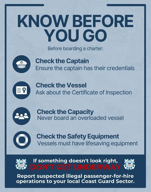 ⚠️ Safety Never Stops! 🛥️ Protecting yourself and your passengers means  ensuring every charter you take is fully credentialed, inspected, and  equipped. Never compromise on safety—if a boat or captai
