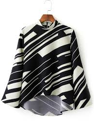 Black And White Crop Top Black White Stand Collar Random Printed Crop Blouse Shein Abaday Crop Blouse Black And White Crop Tops Black And White Blouse