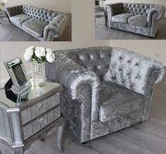 Grey Silver Crushed Velvet Fabric Chesterfield Sofas 1 2 3 Seater Sofa Armchair Crushed Velvet Living Room Crushed Velvet Sofa Velvet Living Room