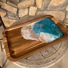 A wood and epoxy resin inlay coffee serving tray.i partnered with starbucks to bring you the tutorial for this project. Ocean Inspired Resin Art Serving Tray Etsy Epoxy Resin Wood Resin Diy Resin Tables