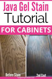 Before you stain the cabinets, it's important to remove all the doors and drawers to make sanding and applying the stain easier. How To Gel Stain Your Cabinets On A Budget Budgeting For Bliss Gel Stain Kitchen Cabinets Gel Stain Java Gel Stains