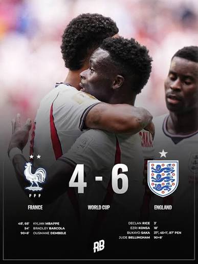 ENGLAND WIN 6-4 AGAINST FRANCE ???????? The wildest World Cup game  of the tournament… England were 4-0 up at half-time, with Saka and Rice  cooking in the 3rd place play-off and they