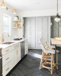 White Grey Brass Kitchen With Herringbone Tile Floor Flooring Ms International Slate Home Depot Kitchen Marble Kitchen Design Kitchen Flooring