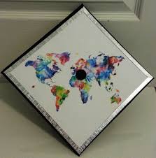 Graduation Cap Decorations Water Color World Map With Pins On All Of The Desired Travelin Graduation Cap Decoration High School Graduation Cap Cap Decorations